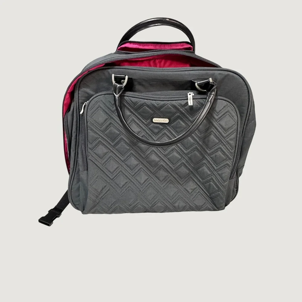 Baggallini Rolling Laptop Briefcase Charcoal Grey Quilted Nylon Travel Bag Pink
